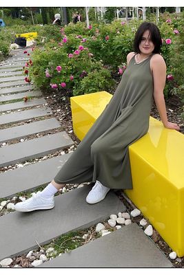 Kadın Omuzdan Bağlamalı Cepli Bürümcük Haki Yeşili Şalvar Tulum ürün fotoğrafı