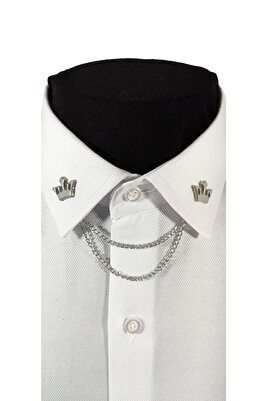 Kral Tacı Figürlü Gümüş Gri Renginde Metal Gömlek Yaka Iğnesi Yaka Zinciri ürün fotoğrafı