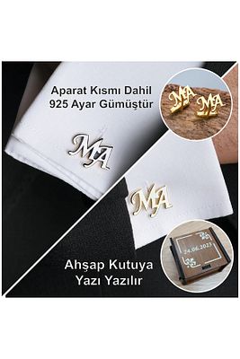 925 Ayar Gümüş 2 Harfli Kol Düğmesi Altın Kaplama Damat Hediyesi Kişiye Özel ürün fotoğrafı