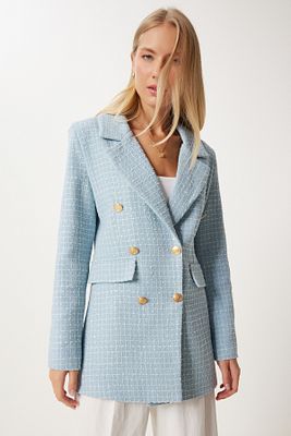 Kadın Gök Mavi Dügmeli Blazer Tüvit Ceket WF00004 ürün fotoğrafı