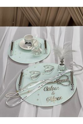 İnci Söz-Nişan Tepsi Seti, İncili Damat Kahve Tepsisi İncili Söz-Nişan Kurdelesi, Kristal Tüylük ürün fotoğrafı