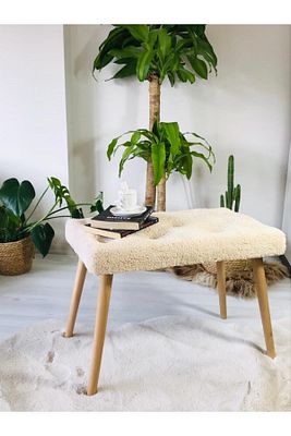 Gürgen Retro Ahşap Ayaklı Handmade Krem Pofidik Puf Bench Koltuk Sandalye ürün fotoğrafı