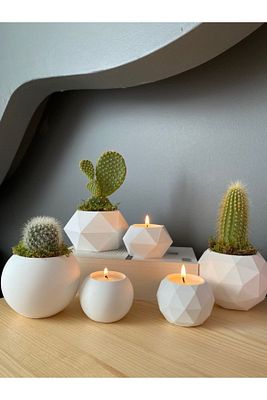 6 Lı Beyaz Beton Saksı Ve Mumluk Set ürün fotoğrafı