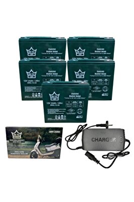 5'lİ Set 12v 24 Ah Elektrikli Motosiklet Aküsü ve Ortec 60v 24ah Elektrikli Bisiklet Şarj Alet ürün fotoğrafı