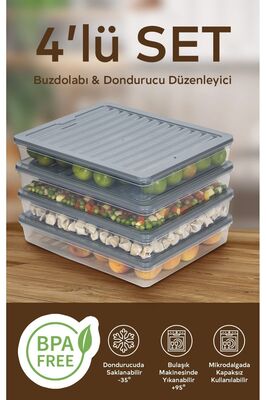 4'lü Set 2400 ml Buzdolabı Düzenleyici Buzluk Ve Mikrodalga Saklama Kabı ürün fotoğrafı