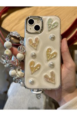 iPhone 13 Uyumlu Lux Işıltılı İnci Charmlı Kalpli Kılıf ürün fotoğrafı