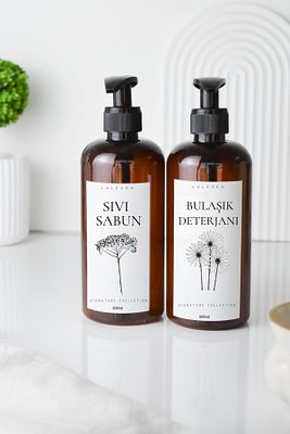 Çiçekli 2li Bulaşık Deterjanı Ve Sıvı Sabun Etiketli Amber Plastik Şişe 500 ml ürün fotoğrafı