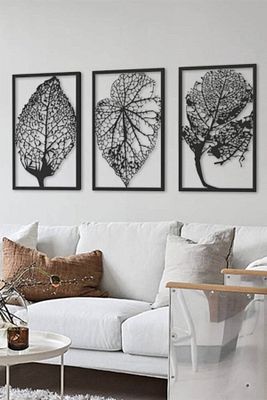Son Bahar 3'lü Siyah Yaprak Ahşap Tablo Büyük Boy Dekor Çerçeve Görünümlü 3 Adet Yaprak Leaf Tablo ürün fotoğrafı