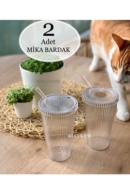 MİKA 2 Adet 600 Ml Mika Kapaklı Pipetli Origami Stil Mika Bardak | Sunum Bardağı Meşrubat Bardağı ürün fotoğrafı