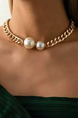 Çift Incili Zincir Choker Kolye Gold ürün fotoğrafı
