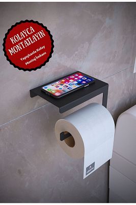 Metal Modern Telefon, Aksesuar Raflı Tuvalet Wc Kağıtlık Peçete Askısı Siyah ürün fotoğrafı