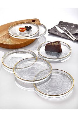6' lı Cam Kek Pasta Tabağı Seti - Yaldızlı Lüks Pasta Takımı(16CM) ürün fotoğrafı