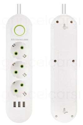 Akım Korumalı Priz, 3'lü Çoklu Priz, 3 Usb, 1.5 Mt Kablo, Grup Priz, Usb Li Priz ürün fotoğrafı