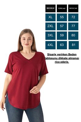 Kadın V Yaka Büyük Beden T-shirt Bordo ürün fotoğrafı