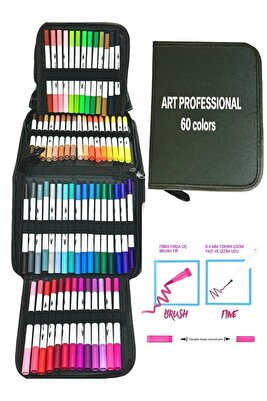 60 Lı Çift Uçlu Fırça Ve 0.4 Mm Fine Uçlu Marker Kalem Seti Deri Tarzı Cüzdanlık Kalem Seti Pro ürün fotoğrafı