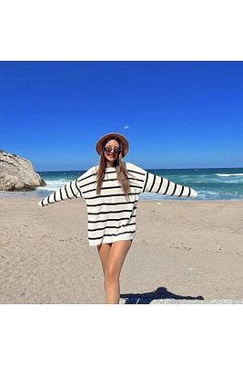 Çizgili Oversize Kazak Kzkk177 ürün fotoğrafı