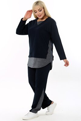 V Yaka Uzun Kol Beli Lastikli Yaka Etek Paça Ve Yanı Sim Detaylı Cepli Büyük Beden Eşofman Takım ürün fotoğrafı