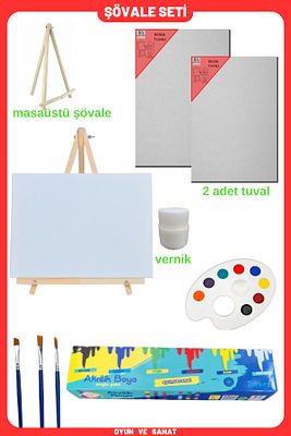 Resim Boya Seti - Mini Masa Şövalesi, 2 Tuval, Resim Verniği, Akrilik Boya Palet, (MASAÜSTÜ ŞÖVALYE) ürün fotoğrafı