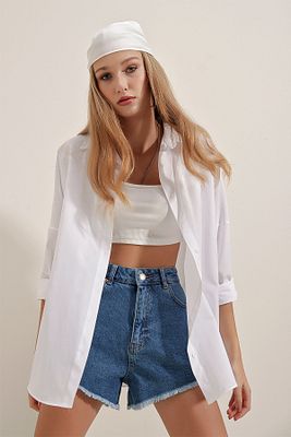 3900 Oversize Uzun Basic Gömlek - Beyaz ürün fotoğrafı