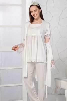 Kadın Ekru Lohusa Sabahlıklı Pijama Takım ürün fotoğrafı