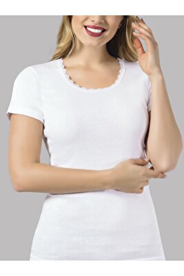 Beyaz 100 % Pamuk Penye Ribana Yuvarlak Yaka Dantelli Kısa Kollu Kadın Fanila- 525 ürün fotoğrafı