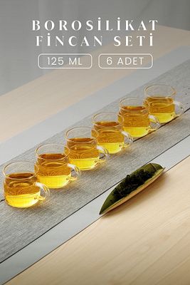 6'lı Borosilikat Cam Isıya Dayanıklı 6 Kişilik Fincan Takımı 125ML - İnce Cam Kulplu Fincan Seti ürün fotoğrafı