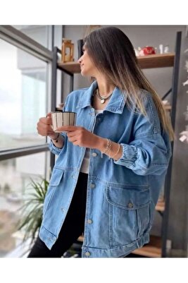 Kadın Mavi Oversize Kot Ceket ürün fotoğrafı