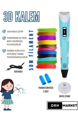 3D Kalem 3D Pen USB Kablolu Üç Boyutlu Yazıcı Kalem Printer-Mavi (10 ADET 5M FİLAMENT -50METRE-) ürün fotoğrafı