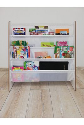 Montessori Ana Sınıfı Kreş Okul Çocuk Odası Kitaplığı Ahşap Kumaş Kitaplık Yıkanabilir Kumaş Beyaz ürün fotoğrafı