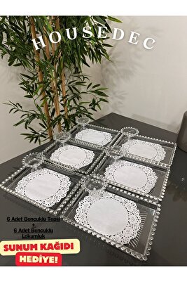 12 PARÇA 6'LI BONCUKLU SUNUM TEPSİSİ 6'LI LOKUMLUK SETİ SUNUM SETİ KAHVE TEPSİSİ SUNUMLUK ŞEKERLİK ürün fotoğrafı