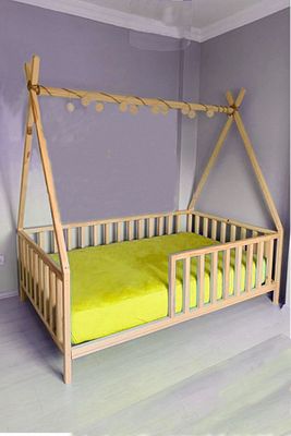 Çatılı Unisex Montessori Bebek Ve Çocuk Karyolası Doğal Ahşap Yatak ürün fotoğrafı