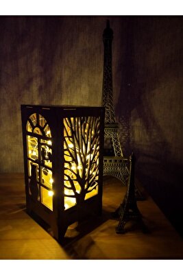 Özel Tasarım Ahşap Abajur Masa Lambası Pilli Gece Lambası Gün Işığı Peri Led Kedi Desenli Hediyelik ürün fotoğrafı