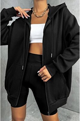 Kapüşonlu Fermuarlı Oversize Mevsimlik Sweatshirt ürün fotoğrafı