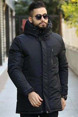 Erkek Siyah Rüzgar Geçirmez Kapüşonlu Kışlık Mont & Kaban & Parka ürün fotoğrafı