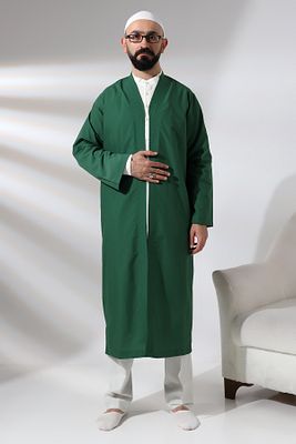 Yeşil Erkek Namaz Elbisesi V Yaka Düğmesiz Önü Açık Namaz Cübbesi ürün fotoğrafı