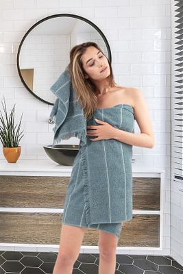 Pandora Dark Blue Jakarlı Saçaklı Banyo Havlu Seti 2'li ürün fotoğrafı