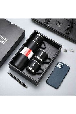 Paslanmaz Çelik Termos Siyah Renk 3 Bardaklı 500 ml Termos Seti Vakumlu Termos Set ürün fotoğrafı