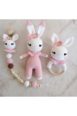 Amigurumi Pembe Hediyelik Tavan Emzik Zinciri Çıngırak Uyku Arkadaşı Set ürün fotoğrafı