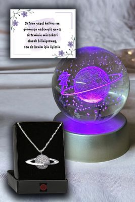 Renk Değiştiren Led Işıklı Cam Satürn Kız Küre Dolunay Lamba Ve Zirkon Gümüş Satürn Kolye Kar Küresi ürün fotoğrafı