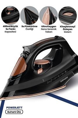 Powerjett 2200 Watt Nano Seramik Tabanlı Geniş Su Tanklı 160 Gr Etkili Şok Buharlı Ütü ürün fotoğrafı