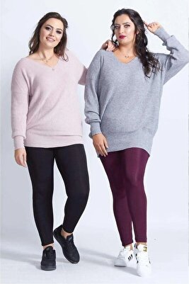 Kadın 2'li Siyah Ve Mürdüm Yüksek Bel Büyük Beden Disko Tayt ürün fotoğrafı