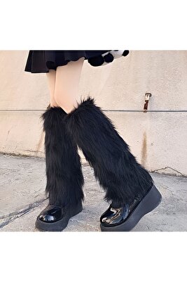 Uzun Tüylü Siyah Peluş Tozluk Y2k Lolita ürün fotoğrafı