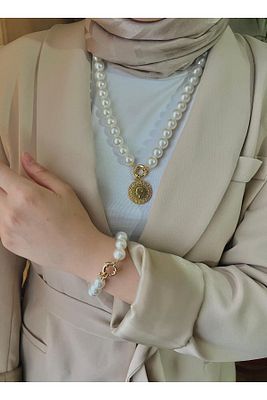 Kilit Sistemli (ÇELİK) Incili Kolye Ve Bileklik Set ( Tüm Altınlara Uyumludur ) (12MM) ürün fotoğrafı