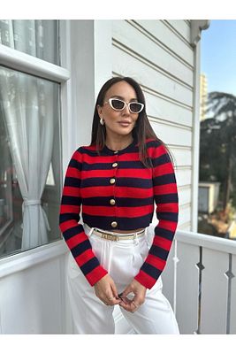 Kırmızı Lacivert Şeritli Kısa Hırka ürün fotoğrafı