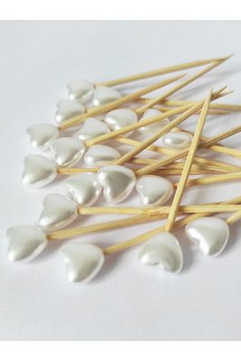 60 Adet Dekoratif Kalp Incili Kokteyl Kürdanı 6 Cm - Kalp 10 Mm Nişan Söz Kalpli Kürdan ürün fotoğrafı