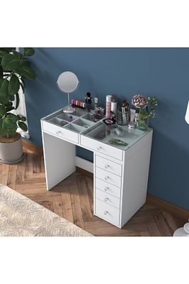 Rani Bj107 Makyaj Masası 7 Çekmeceli Cam Tablalı Takı Düzenleyici Beyaz ürün fotoğrafı