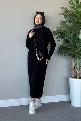 Fitilli Triko Elbise Siyah ürün fotoğrafı