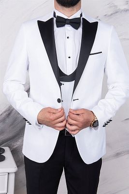 Erkek Slim Fit Damatlık Smokin Sivri Yaka Beyaz Kombin Yelekli Takım Elbise ürün fotoğrafı