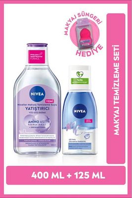 Çift Fazlı Göz Makyaj Temizleyici, Yatıştırıcı Micellar Makyaj Temizleme Suyu 400ml, Sünger Hediyeli ürün fotoğrafı