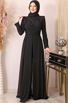 Güneş Boncuk İşlemeli Tesettür Tulum Siyah ürün fotoğrafı